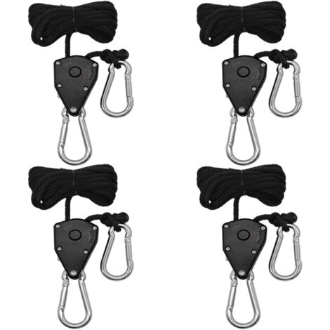 BEBUSINGOTO 4 Stück 1/8" Ratschenseil mit Haken, 2 m verstellbares Hakenseil, Ratschengurtseil zum Aufhängen von Lampen, Pflanzenwachstum, 150 LB pro Paar (Schwarz)