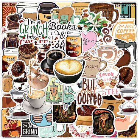 BEBUSINGOTO 50 pegatinas de café: vinilos impermeables para botellas de agua, libros, portátiles, bicicletas, equipaje, tazas y teléfonos móviles.