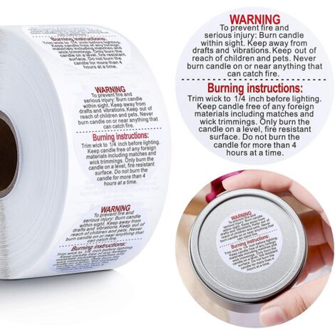 BEBUSINGOTO 500 etiquetas de advertencia para velas, pegatinas para tarros de velas, etiquetas de seguridad para velas, pegatinas de advertencia para hacer velas, tarros de velas DIY