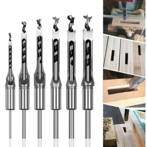 BEBUSINGOTO 6-teiliges Vierkantloch-Holzbohrer-Set aus Stahl, Hohlmeißel, Werkzeugset für die Holzbearbeitung, Vierkantlochbohrer, Stemmmeißel, 6,4/8/9,5/12,7/14/16 mm
