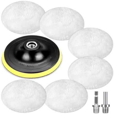 BEBUSINGOTO 9 Pièces Tampons de Polissage en Laine D'agneau, disque polissage de voiture de 125 mm, éponge de polissage de couverture de meuleuse d'angle, avec 6 poignées inclinées, adaptateur rond M