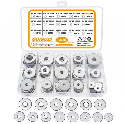 BEBUSINGOTO Arandelas planas, 230 piezas de acero inoxidable 304, arandelas metálicas grandes, 15 tamaños M3 M4 M5 M6 M8 M10 M12 para decoración del hogar, fábricas, cocinas y tiendas.
