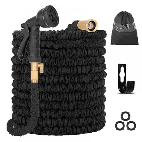 BEBUSINGOTO Ausziehbarer Gartenschlauch, einziehbarer Schlauch mit 8 verschiedenen Wasserpistolen/Schlauchhalter/Aufbewahrungstasche (Schwarz, 15 Meter)