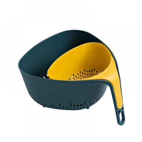 BEBUSINGOTO (Azul y amarillo) 2 cestas de drenaje de cocina multifuncionales, de plástico de doble capa con asa, estables y antivuelco
