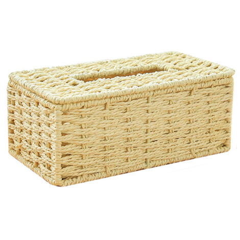 BEBUSINGOTO Beige boîte de mouchoir en rotin, couvercle rectangulaire, tissé à la main, support en osier, corde de papier, plateau de serviette, bohème été plage partie décoration boîte 22  12  9cm
