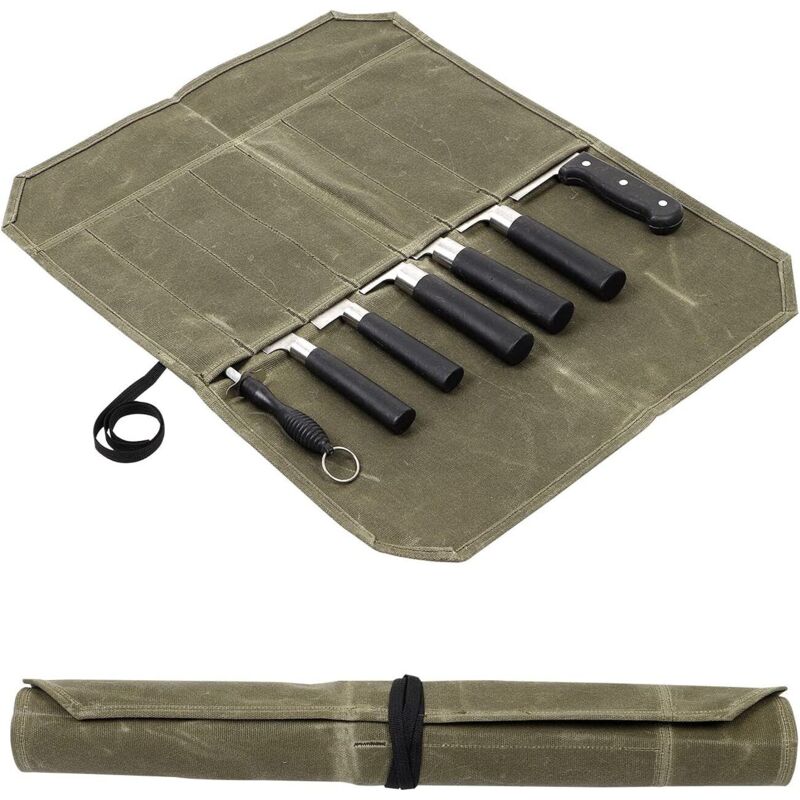 Image of Borsa portacoltelli da chef Frank Leather con 7 scomparti, grande portacoltelli - Borsa portacoltelli da chef con maniglia e tracolla - Verde oliva