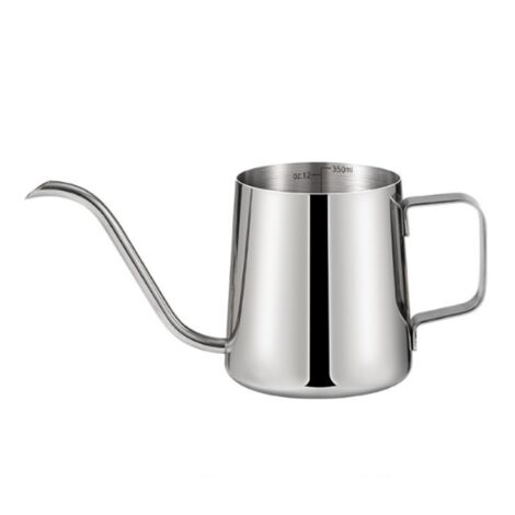 BEBUSINGOTO Cafetera de 350 ml con boquilla larga y estrecha, pequeña tetera de cuello de cisne de acero inoxidable con asas finas para uso doméstico (plateada)