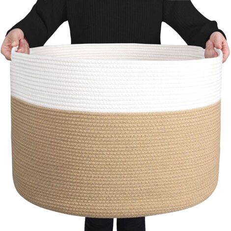 BEBUSINGOTO Cesta grande de cuerda de algodón para sala de estar, cesta tejida con asa para mantas, toallas y almohadas, cesta para la colada, color crema y marrón (55 x 35 cm)