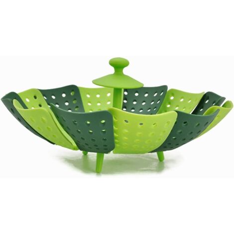 BEBUSINGOTO Cesta vaporera para cocinar alimentos y verduras al vapor, plegable, resistente a rayones, sin BPA, verde