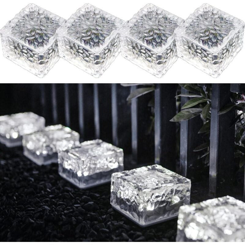 Image of Confezione da 4 luci solari in pvc bianco frossodo da 7x7x5 cm, mattoni solari con sensore di luce, luci solari accese/spente per vialetti, prati, ecc.
