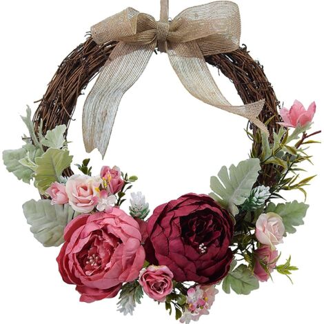 BEBUSINGOTO Corona para puerta, 26 cm, resistente a la decoloración, de peonías artificiales, decorativa para puerta de entrada, ideal para primavera y verano, pared o ventana, color rojo rosa, 12 cm