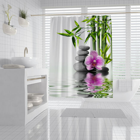 BEBUSINGOTO Cortina de ducha antimoho con estampado de guijarros zen, impermeable, de poliéster, 180 x 200 cm, 3D, orquídea, bambú, lavable a máquina, color blanco y verde.