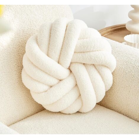 BEBUSINGOTO Coussin noué blanc crème 13,7 pouces Coussin rond en peluche douce Coussin noué fait main Coussin noué décoratif moderne pour la maison
