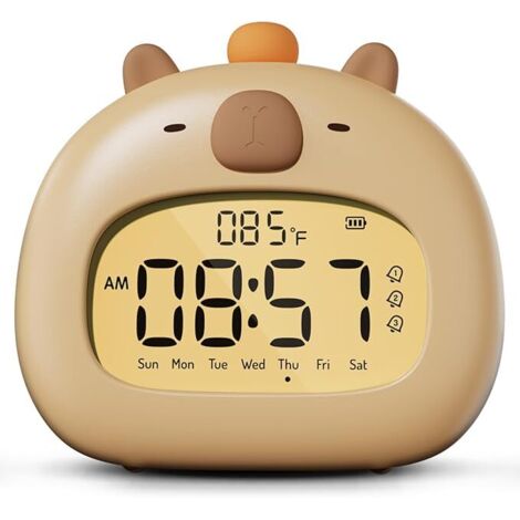 BEBUSINGOTO Despertador con luz nocturna para niños, despertador digital de cabecera Capybara, brillo LED ajustable, 3 grupos de alarmas educativas de día y noche, ideal para niños, estudiantes y adol
