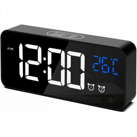 BEBUSINGOTO Digitaler Wecker, LED-Digitaluhr mit Temperaturanzeige/Schlummerfunktion/2 Alarme/12/24-Stunden-Anzeige/USB-Ladeanschluss/16 Melodien (Schwarz)