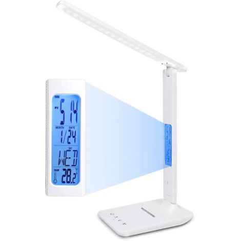 BEBUSINGOTO Dimmbare LED-Tischlampe, 3 Modi/5 Helligkeitsstufen/LCD-Display/Wecker, Berührungsschutz für die Augen (weiß)