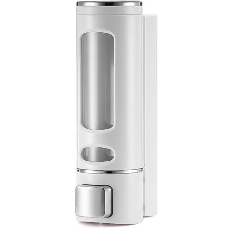 BEBUSINGOTO Dispensador de jabón de pared de 400 ml - Dispensador manual de champú y gel de ducha para baño y cocina - Contenedor de loción - Práctico y elegante (Carcasa blanca, botones plateados)