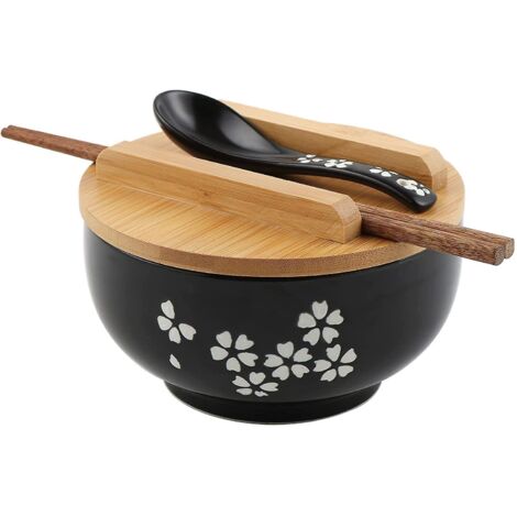 BEBUSINGOTO Ensemble de bols à ramen, bols à nouilles ramen japonais avec cuillère à couvercle, grand bol à soupe en céramique, bol à riz noir dessiné à la main bol à nouilles rétro 6,5 pouces-p