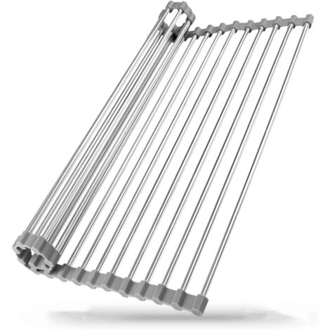 BEBUSINGOTO Escurreplatos enrollable de acero inoxidable para colocar sobre el fregadero, herramienta práctica para diversas tareas de cocina (gris, grande)