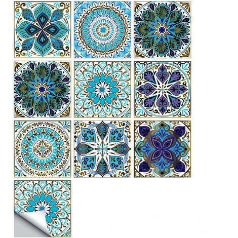 BEBUSINGOTO Fliesenaufkleber, 15 x 15 cm, marokkanischer Stil, Wandfliesenaufkleber aus Zement, wasserfest, selbstklebend, 20 Stück (blau)