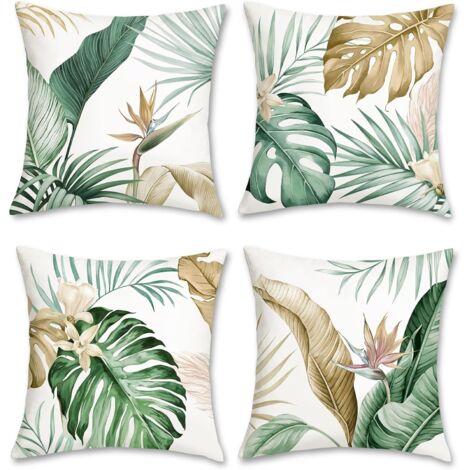 BEBUSINGOTO Funda de cojín de hojas tropicales, 45 x 45 cm, hojas, marrón, verde, suave terciopelo, decorativa, para sofá, decoración del hogar, 4 piezas