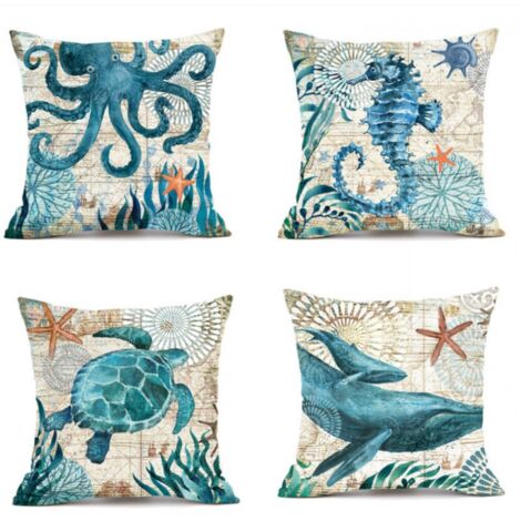 BEBUSINGOTO Funda de cojín para exterior de 45 x 45 cm, juego de 4 fundas de almohada impermeables con estampado de vida marina azul para sofá, patio, jardín, sala de estar, dormitorio.