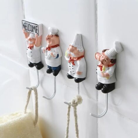 BEBUSINGOTO Gancho adhesivo potente con forma de chef de dibujos animados para colgar llaves de pared, cocina, baño, puerta, ropa, abrigos, sombreros, toallas.