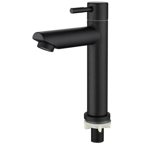BEBUSINGOTO Grifo de lavabo, grifo de baño, grifo con caño, grifo de agua fría, válvula de pilar, altura total: 18 cm, NEGRO