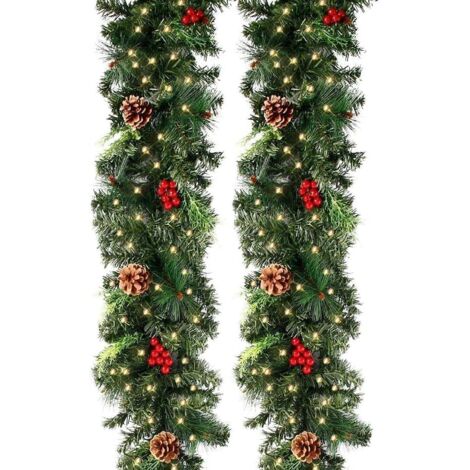 BEBUSINGOTO Guirnalda de Navidad artificial de 270 cm con luces verdes y 50 LED, 230 cabezas, piñas de pino y frutos rojos, ideal para decorar chimeneas, puertas y escaleras (270 cm, guirnalda con LED