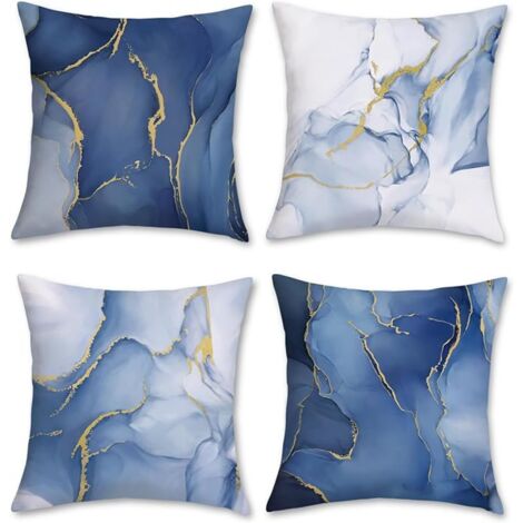 BEBUSINGOTO Housses de coussin en marbre bleu 45 x 45 cm Abstrait marbre bleu et or Moderne Housses de coussin décoratives Taies d'oreiller bleues pour canapé Patio Décoration d'intérieur Lot de 4