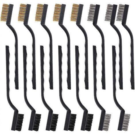 BEBUSINGOTO Juego de 15 cepillos de alambre con mango curvo de acero inoxidable, latón y nailon para limpiar soldaduras y óxido, 5 piezas por tipo