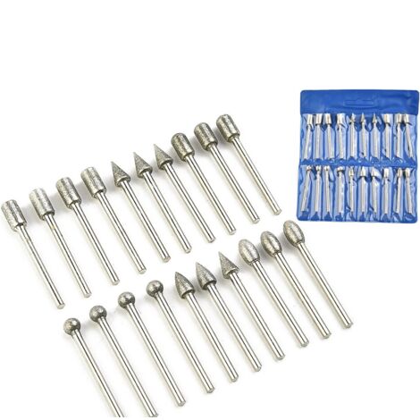 BEBUSINGOTO Juego de 20 brocas de diamante para grabado con vástago de 3 mm (1/8") para herramientas rotativas, esmerilado, pulido, grabado y perforación.