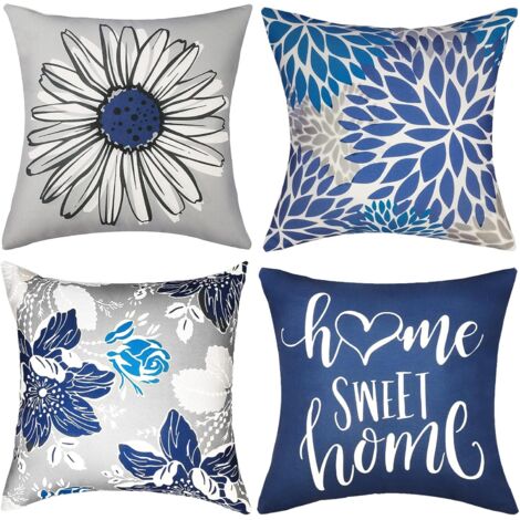 BEBUSINGOTO Juego de 4 fundas de almohada decorativas azules de 45,7 x 45,7 cm, cuadradas, de lino, estilo rústico, para exteriores, modernas, estilo bohemio.