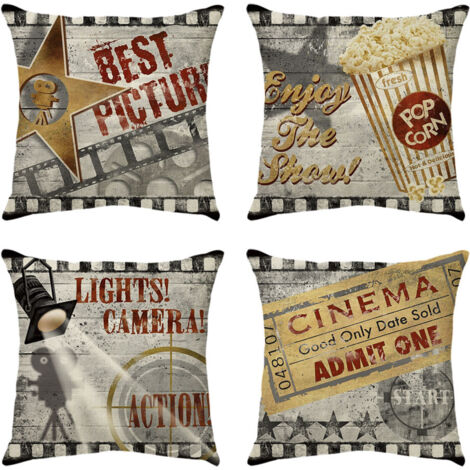 BEBUSINGOTO Juego de 4 fundas de cojín de 45 x 45 cm, de lino, decorativas, con temática de película, para sofá, cama, dormitorio, silla o jardín.