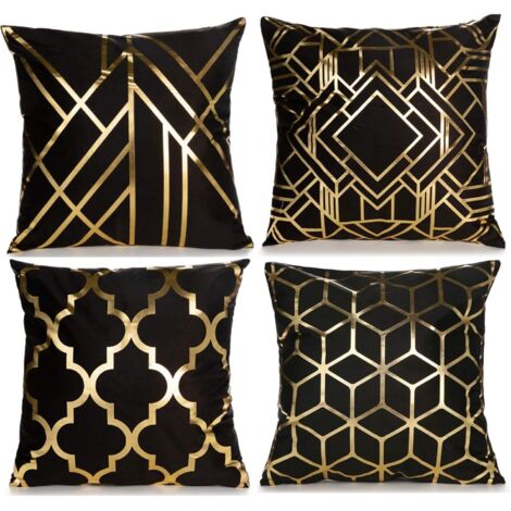 BEBUSINGOTO Juego de 4 fundas de cojín decorativas para el hogar, con estampado dorado de 45 x 45 cm, diseño geométrico cuadrado para sofá y dormitorio (negro y dorado).