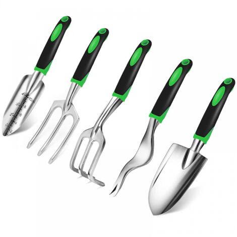 BEBUSINGOTO Juego de herramientas de jardinería, kit de herramientas manuales para jardinería al aire libre con paleta, pala, rastrillo, cultivador y horquilla desherbadora, 5 piezas