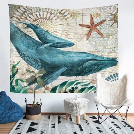 BEBUSINGOTO Kleiner Wal-Wandteppich, 3D-Wal-Druck, Wandbehang, Vintage-Wandteppich im mediterranen Ozean-Stil (130 cm × 150 cm)