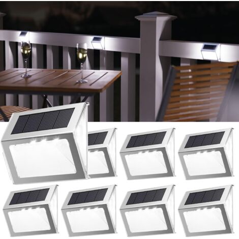 BEBUSINGOTO  Lampes solaires LED pour marches, lentilles à 3 côtés, étanches, en acier inoxydable, pour jardin, Patio, terrasse, clôture, escaliers, paquet de 8, blanc froid