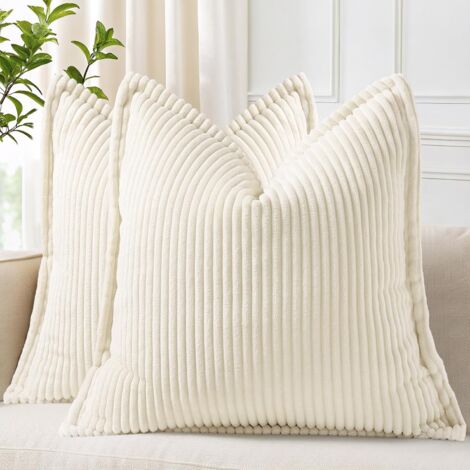 BEBUSINGOTO Lot de 2 housses de coussin décoratives en velours côtelé crème blanc 45 x 45 cm, style bohème, rayées, neutres, style ferme, avec bordure