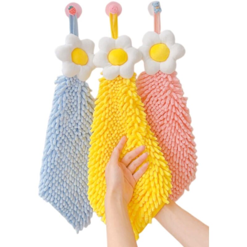 BEBUSINGOTO Lot de 3 essuie-mains en chenille, essuie-mains de cuisine, essuie-mains à suspendre pour salle de bain, serviettes de bain douces et