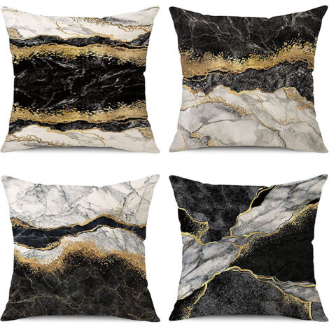 BEBUSINGOTO Lot de 4 housses de coussin décoratives en marbre noir et or, 45 x 45 cm, pour canapé, chambre à coucher, salon