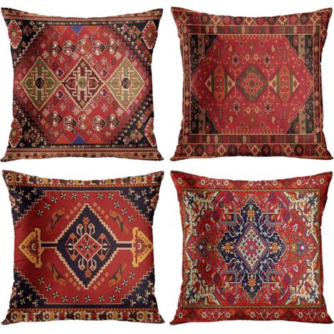 BEBUSINGOTO Lot de 4 housses de coussin Tribal abstrait rouge et noir motif de tapis persan vintage taies d'oreiller décoratives décor à la maison standard carré 18x18 pouces taies d'oreiller