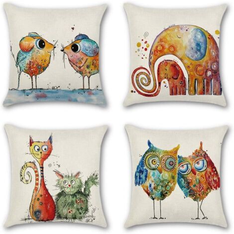 BEBUSINGOTO Lot de 4 taies oreiller 45 x 45 cm polyester et lin taie oreiller voiture décorative canapé taies oreiller déco (animaux de dessin animé)