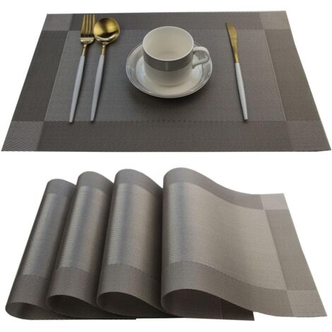 BEBUSINGOTO Manteles individuales de plástico fáciles de limpiar, lavables, resistentes al calor, de vinilo tejido, para cocina, comedor, juego de 4 (gris), 30 x 45 cm