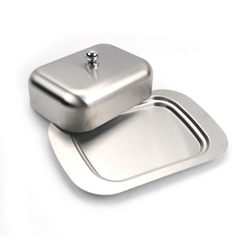 BEBUSINGOTO Mantequera de acero inoxidable - Cuenco para postres - Caja para pan y queso con tapa - Capacidad para 250 g de mantequilla - Para restaurante en casa - Plateado - 18,8 x 12,8 x 6,7 cm
