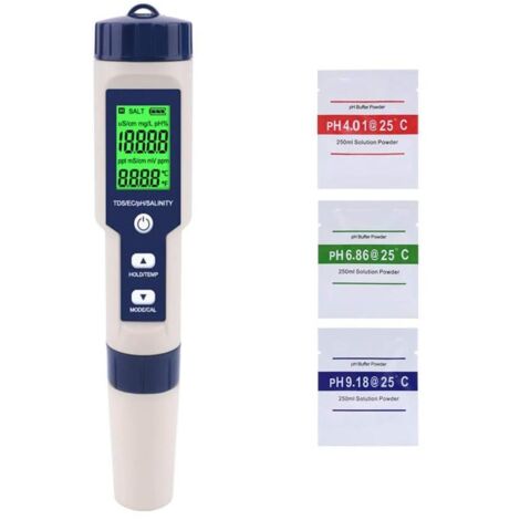 BEBUSINGOTO Medidor de pH 5 en 1: pH/TDS/EC/salinidad/temperatura, monitor de calidad del agua para piscinas, hidroponía, agua potable y acuarios.