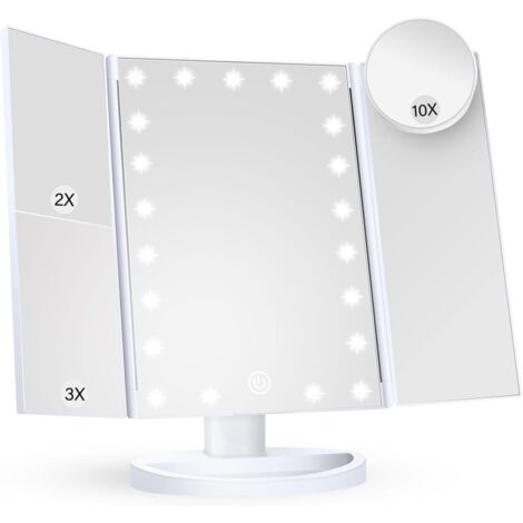 BEBUSINGOTO Miroir de courtoisie avec lumières, grossissement 2X, 3X, 10X, miroir de maquillage éclairé, commande tactile, miroir de maquillage à trois volets, double alimentation, portable
