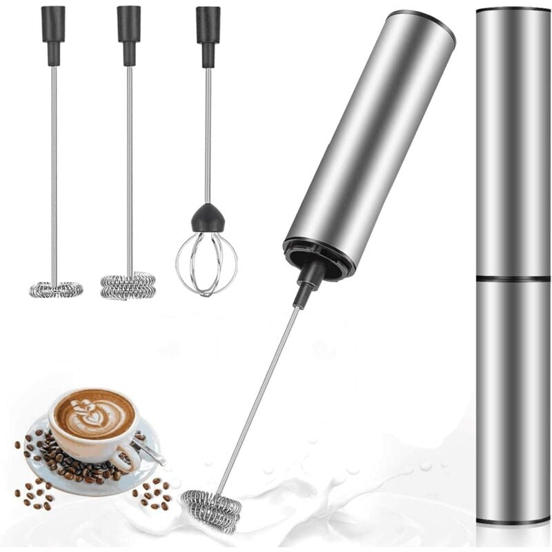 Image of Montalatte elettrico, montalatte ricaricabile tramite usb e mini frusta con doppia testa, mixer in acciaio inox per caffè, panna, cappuccino, latte,
