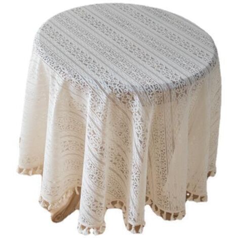 BEBUSINGOTO Napperons en dentelle blanche au crochet - Nappe lavable en polyester jacquard pour fête (blanc, rond, 130 cm)