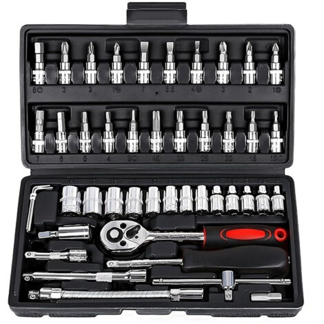 BEBUSINGOTO (Negro) Juego de 46 llaves de trinquete con dado de 1/4 de pulgada con juego de dados métricos y barra de extensión para reparación de automóviles